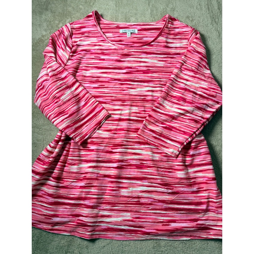 Emily Daniels Pink White Abstract Stripe 3/4 Sleeve Top Plus Size 1X Basics